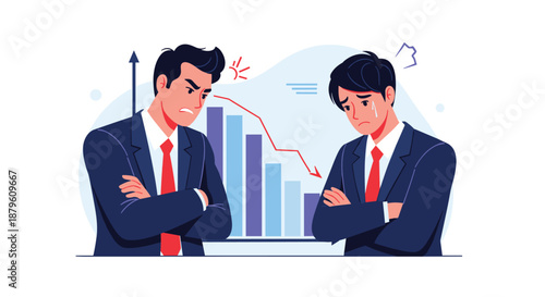 Angry manager scolding a sad employee in front of a falling business chart indicating financial loss and failure.