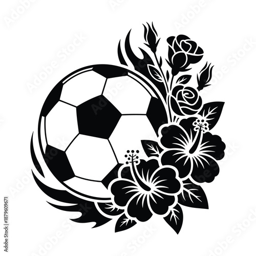 Stylized black and white soccer ball adorned with blooming hibiscus flowers and rosebuds in a decorative arrangement Illustration