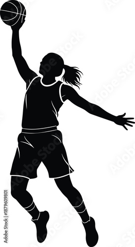 Basketball player silhouette jumping for dunk shot, female athlete action pose isolated on white background