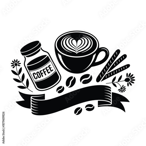 Stylized Black and White Vector Illustration of Coffee Elements with a Blank Ribbon Banner for Text Illustration