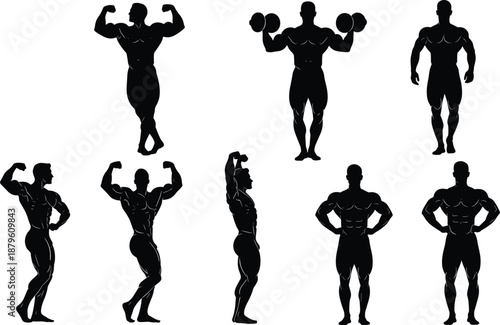 Bodybuilding silhouette vector set, muscular male poses, black fitness icon, flex strength design illustration