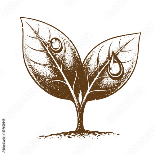 Drawing Vintage grunge  texture Brown illustration of a plant with two leaves and water drops on them growing out of the ground