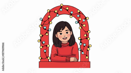 Young girl in red sweater peeking through festive lights on an arch