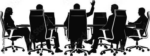 Business meeting silhouette, corporate team discussion around conference table, office people collaboration illustration