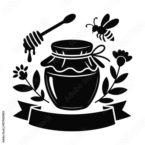 Stylized black silhouette illustration of a honey jar with a dipper and a bee surrounded by flowers and a banner Illustration