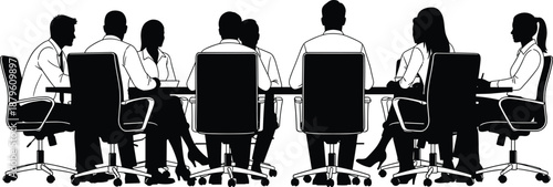 Business meeting silhouettes, corporate team discussion around conference table, professional office teamwork illustration