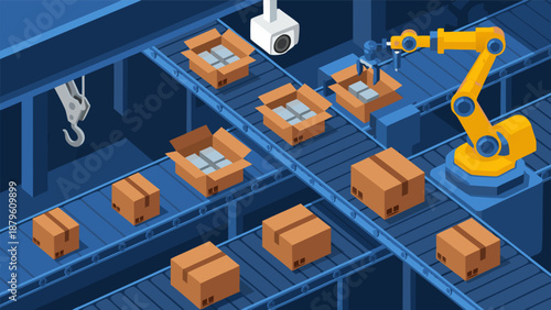 Automated factory conveyor belt with robotic arm packing boxes, vector illustration of modern industrial production