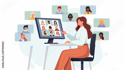 Online meeting vector illustration of a diverse team collaborating remotely on a video call
