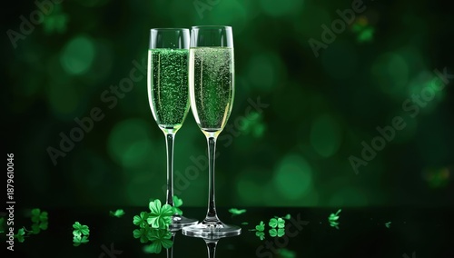Two champagne flutes filled with bubbly drink, decorated with clovers, St. Patrick's Day, festive celebration, stock media