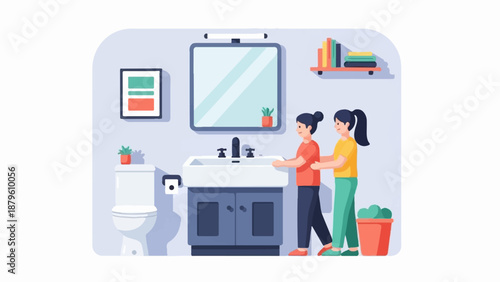 Two girls in a bathroom, one guiding the other at the sink