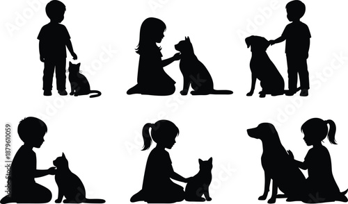 Children with pets silhouette vector, cat dog interaction icons, black companion care pose, love design