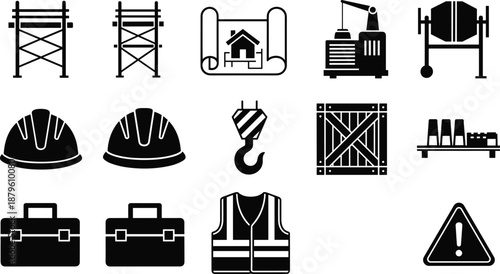 Construction safety and engineering equipment icons set including scaffolding helmet crane tools industrial workplace symbols
