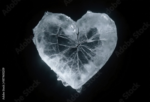 Cracked ice heart floating, minimal dark background, frozen texture, intense emotions, fragile love