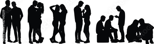 Couples and people relationship silhouette set showing romance dating communication conflict and social interaction scenes
