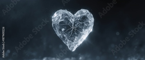 Cracked ice heart floating, minimal dark background, frozen texture, intense emotions, fragile love
