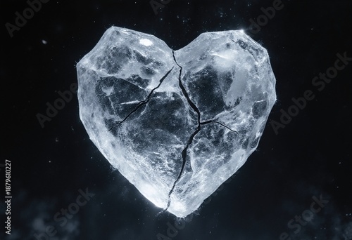 Cracked ice heart floating, minimal dark background, frozen texture, intense emotions, fragile love