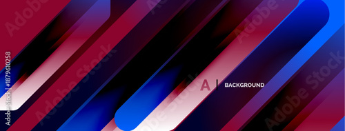 Abstract design features vibrant diagonal stripes. Red, blue, purple gradients create dynamic visual effect. Modern, sleek presentation.