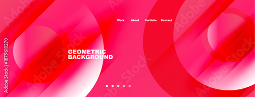 Abstract pink design features overlapping circles, gradients. Text includes work, about, portfolio, contact. Dots indicate navigation options.