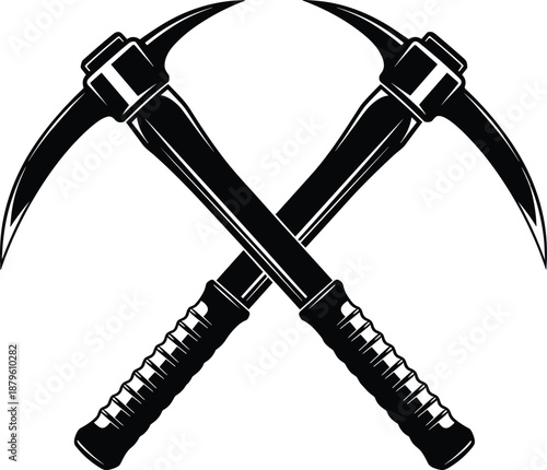Crossed pickaxe silhouette vector, mining tool icon, excavation symbol, black labor design, construction gear
