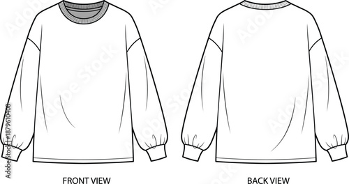 Crewneck sweatshirt technical sketch, front and back view, balloon sleeves, ribbed trim, relaxed fit, vector fashion illustration