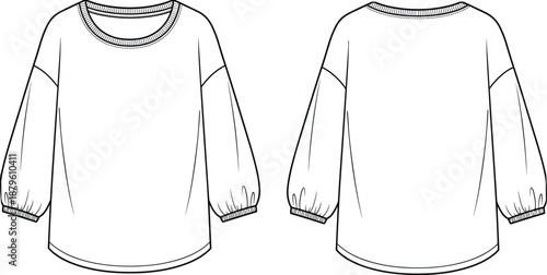 Balloon sleeve top technical sketch, front and back view, dropped shoulder, ribbed cuffs, curved hem, vector fashion illustration