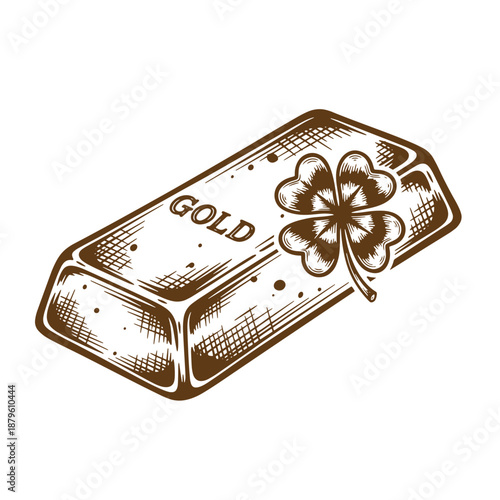 Drawing Vintage grunge  texture Brown illustration of gold bar with four leaf clover on white background  symbol of good luck and wealth
