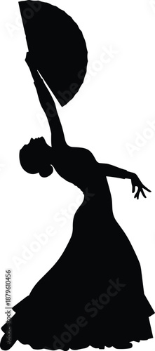 Elegant woman flamenco dancer silhouette holding fan, traditional Spanish dance pose isolated on white background