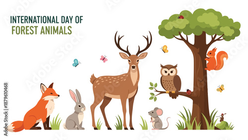 Illustration of various forest animals gathered around a tree for International Day of Forest Animals with colorful butterflies flying around them.
