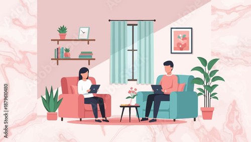 Two people work on laptops in a cozy, pink-themed living room with plants and art
