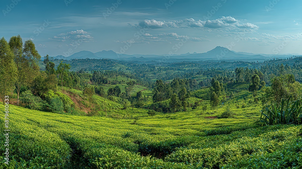 Obraz premium Lush Green Tea Plantation Rolling Hills and Distant Mountains Under a Bright Sky in Equatorial Sunlight