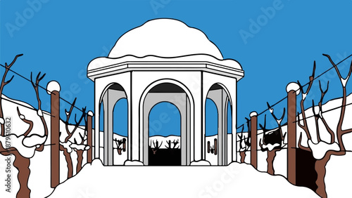 White gazebo in a snowy landscape with bare trees and a bright blue sky