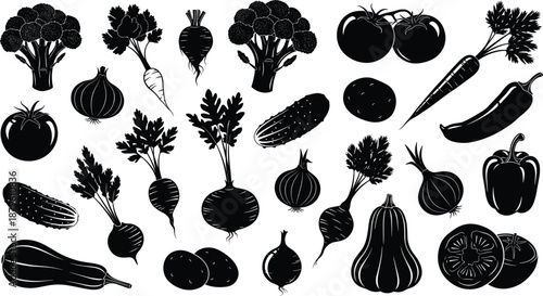 Fresh vegetable silhouettes collection, organic healthy food icons set, farm produce illustration isolated black