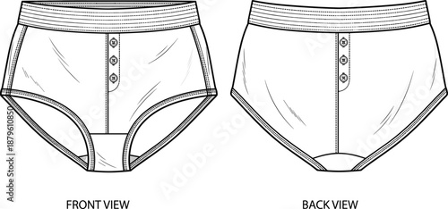 High-waisted button-front underwear technical sketch, front and back view, wide waistband, contour seams, vector fashion illustration