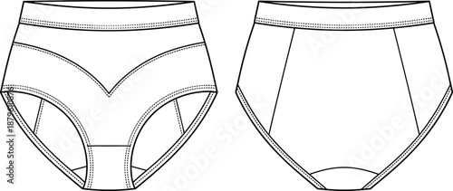 High-waisted women’s underwear technical sketch, seam detail comparison, front and back view, vector fashion illustration