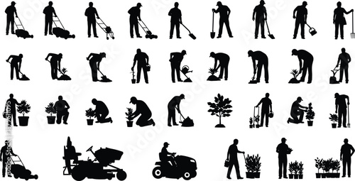 Gardening and landscaping worker silhouettes set with lawn mowing planting watering activities isolated on white
