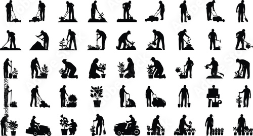 Gardening silhouette vector set, landscaping activity icons, black garden tools, planting, mowing, trimming illustration