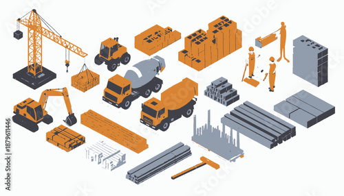 Isometric illustration of construction equipment, building materials, and workers in orange and grey hues