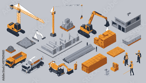 Isometric illustration depicting construction site scene. Features machinery, materials, and workers