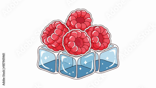Vibrant red raspberries rest atop cool, translucent ice cubes, creating a refreshing visual