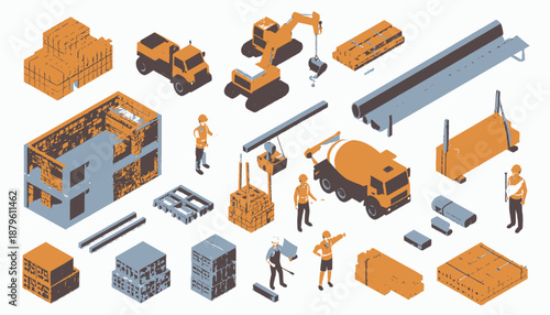Isometric illustration of construction site featuring various vehicles, workers, and materials