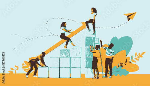 Illustration of teamwork with people working together toward upward growth and success