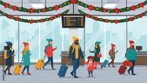 Festive holiday travel illustration vector of people with luggage at airport terminal during winter season