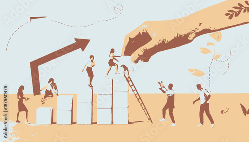 Stylized illustration depicts figures interacting with oversized hand, arrow, blocks, ladder, and plant elements