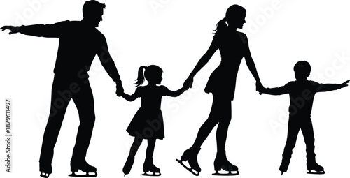 Happy family ice skating silhouettes holding hands together, winter sport parents and children isolated white background