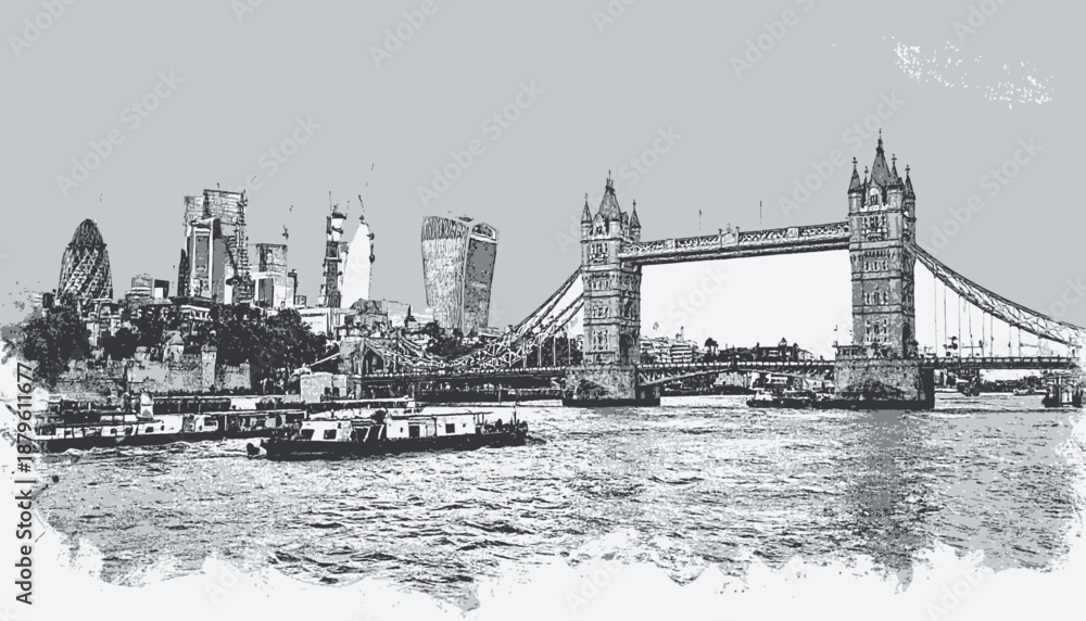 Obraz premium A grayscale illustration of a city waterfront featuring a prominent bridge and skyline