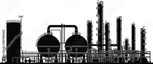 Industrial oil refinery silhouette with storage tanks pipelines distillation columns chemical plant infrastructure illustration