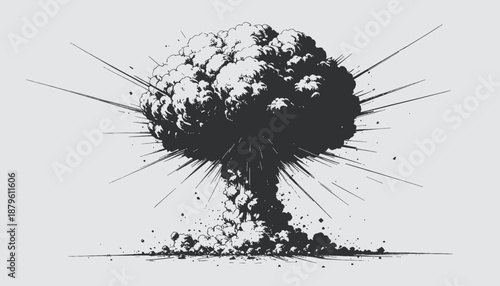 Black and white illustration depicts an atomic explosion with billowing clouds and radiating lines