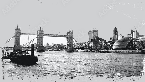 A grayscale illustration of a suspension bridge with nearby buildings. A boat floats on the water