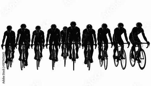Silhouetted illustration of a group of cyclists on road bikes, isolated on a white background