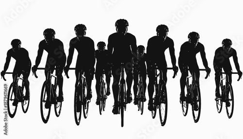 Silhouetted bicyclists, in motion, on road bikes. Riders in cycling helmets and gear